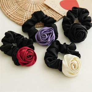 Rose Flower Hair Scrunchies Satin Fabric Elastic Hair Ties Elegant Floral Ponytail Holders For Women Handmade