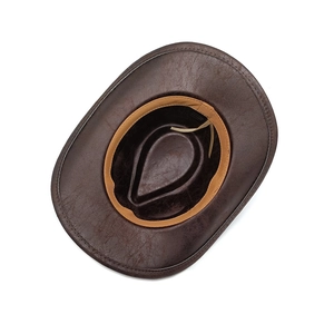 Retro dark brown western cowboy hat with distressed leather texture and adjustable inner strap