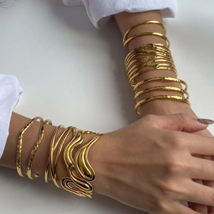 Irregular Multilayer Hollow Bangle Stainless Steel Gold Plated Vintage Open Cuff Bracelet For Women Waterproof Hypoallergenic
