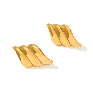Polished 18k gold plated stainless steel wing-shaped geometric earrings on white background