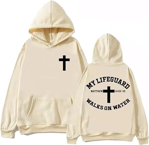 Vue détaillée avant et arrière du sweat à capuche beige avec impression chrétienne