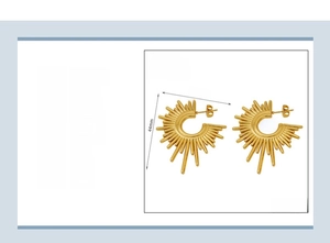 Detail showing 44x36mm gold sunburst hoop earrings with 18K plated stainless steel specs