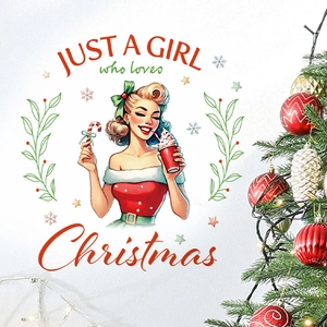Weihnachts-Wandtattoo im Vintage-Stil mit Mädchen-Motiv und festlichem Schriftzug