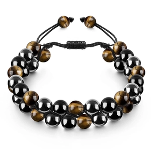 Close-up of double-layered tiger eye and obsidian bead bracelet with woven cord