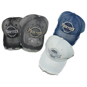 Distressed denim baseball cap with FOURTEEN embroidery in various vintage wash colors
