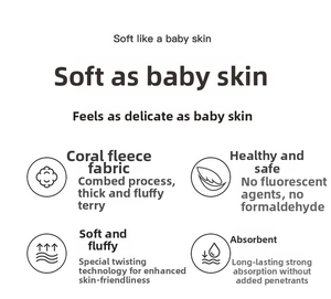 Detail info showing combed coral fleece towel features: absorbent, safe, and thick texture