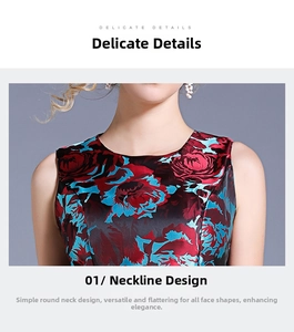 Close-up of floral sleeveless dress featuring red and blue rose jacquard pattern detail