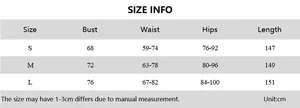 Size guide table for mesh see-through slim maxi dress showing S, M, L measurements in cm