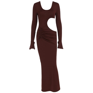 Detail of deep U-neck and side waist cutout on chocolate brown ruched maxi dress