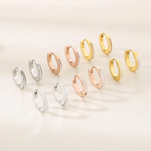 Stainless Steel Hoop Earrings For Women Korean Minimalist Shell Rhinestone Inlaid Gold Rose Gold Huggie Earrings Jewelry