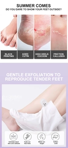 Detailed view of exfoliating foot mask showing peeling results and hydrating texture