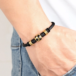 Braided leather football bracelet for men with golden soccer bead and stainless steel clasp