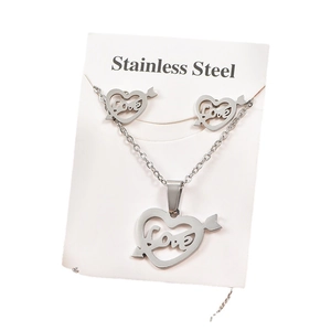 Silver stainless steel heart and arrow necklace and earrings set on white display card