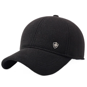Men's winter thick fleece baseball cap in black with metal shield logo and ear protection