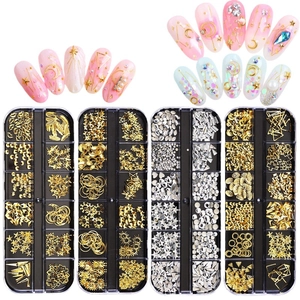 Nail art decoration kit with gold and silver stars, moons, and pearls in a 12-slot case