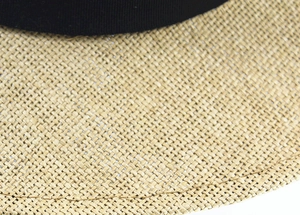 Close-up of high-density cross-woven natural straw texture and black grosgrain ribbon
