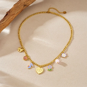 Stainless steel gold chain necklace with colorful heart flower charms and bow pendants