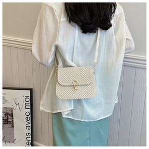Detail of woven straw crossbody bag featuring a golden horseshoe metallic lock and strap
