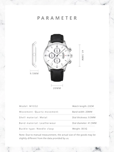 Detailed dimension guide for M1032 men's quartz watch with leather strap measurements