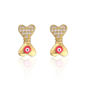 Detailed view of gold plated heart earrings with zircon and colorful enamel evil eye