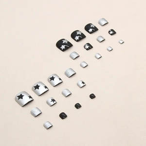 Star pattern press-on toe nails in silver and black glitter square fake nail tips