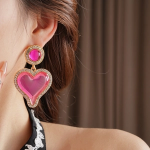 Vintage style heart drop earrings with hot pink resin and sparkling crystal edges