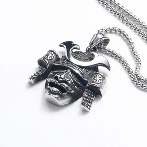 Retro punk warrior pendant necklace in antique silver finish with industrial samurai mask detail