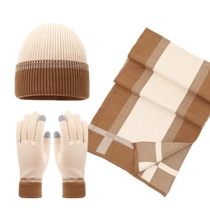 Winter set with knitted beanie, touchscreen gloves and plaid scarf in beige and brown