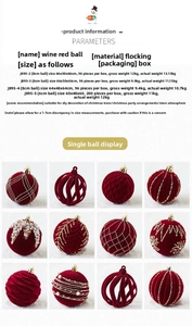 Detail of burgundy flocked Christmas balls with gold glitter patterns and wave textures