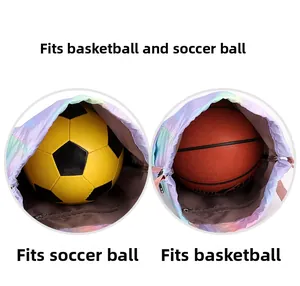Detail view of large capacity waterproof drawstring bag fitting a football or basketball