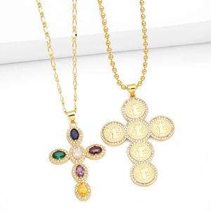 Gold Plated Brass Religious Cross Pendant Necklace Colorful Zircon Medallion Fashion Vintage Jewelry For Women