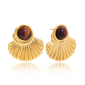 Golden fan-shaped tiger eye earrings with a shell-inspired design on white background