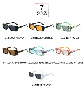 Detailed catalog showing seven color options for retro square frame sunglasses