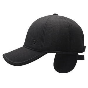 Winter men's thermal baseball cap with ear flaps in black wool blend fabric
