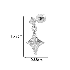 Silver star cross stud earring with zircon inlay and detailed size measurements