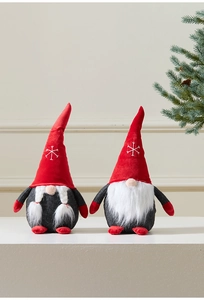 Detail of Christmas gnomes with embroidered snowflake hats and long plush white beards