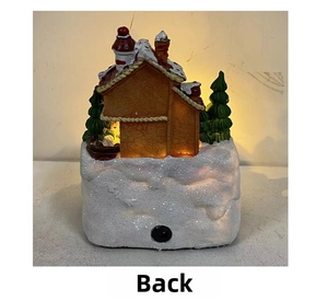 Rückansicht der weihnachtlichen Spieluhr-Hütte mit dekorativer warmer LED-Beleuchtung