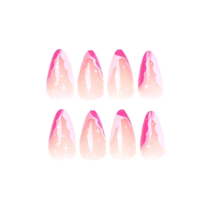 Pink gradient almond false nails with white starburst patterns on white background