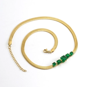 Stainless Steel Necklace 18K Gold Plated Blade Herringbone Chain Square Zircon Inlay Retro Jewelry For Women