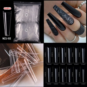 Detailed size chart for 504 extra long clear coffin nail tips with 12 specific dimensions