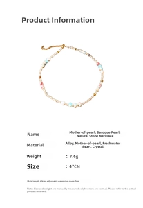 Detail of beaded necklace with mother-of-pearl, baroque pearls and natural stones