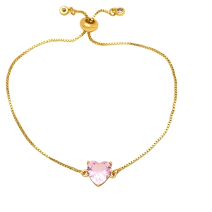 Bracciale regolabile in oro con zircone rosa a forma di cuore e chiusura a scorrimento