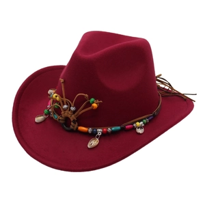Burgundy western cowboy hat with ethnic beaded trim and shell details on white background