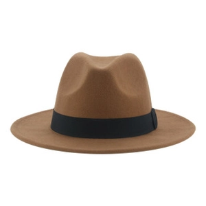 Close-up of the brown wool fedora hat featuring a classic black grosgrain decorative band