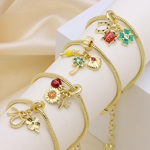 Copper Snake Chain Bracelet 18K Gold Plated Enamel Ladybug Clover Zircon Charms Jewelry For Women