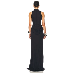 Detail view of the sleek black back and elegant draping of the sleeveless maxi dress