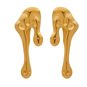 Golden liquid metal teardrop earrings with a streamlined minimalist design on white background
