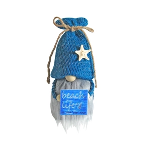 Strand-Zwerg aus Plüsch mit blauer Strickmütze, Seestern und Beach Life Schild Deko