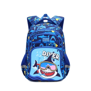Blue shark cartoon primary school backpack with ergonomic straps and multi-layers