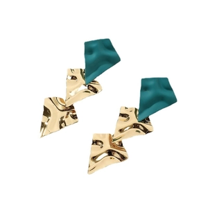 Irregular geometric drop earrings with gold wave texture and dark green matte finish